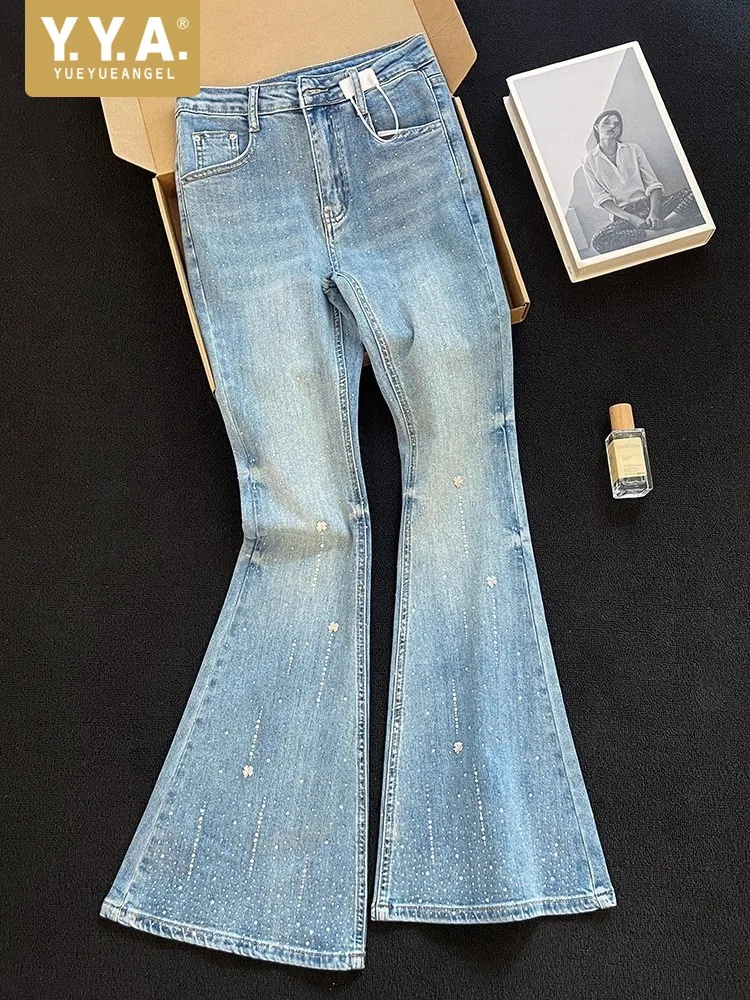 Letnia Moda Nowy Diamentowy Wzór Damskie Jeansy Slim Fit Kieszenie Wysoki Stan Szerokie Nogawki Lekko Rozszerzane Spodnie Długie Spodnie Denimowe
