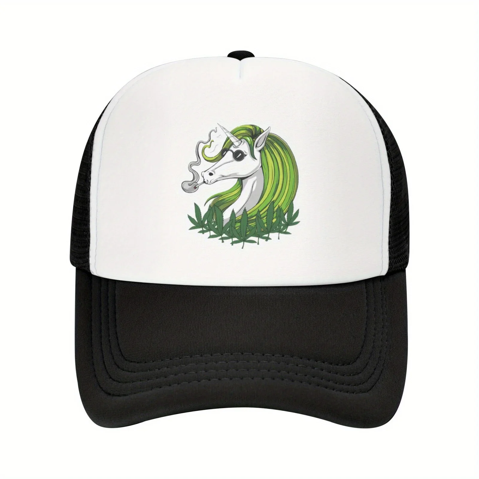 1pc Funky Green Unicorn Weed Polyester Trucker Hat, Mesh-Back, Breathable, Sun-Protective, Adjustable, With Hand Wash Or Profess