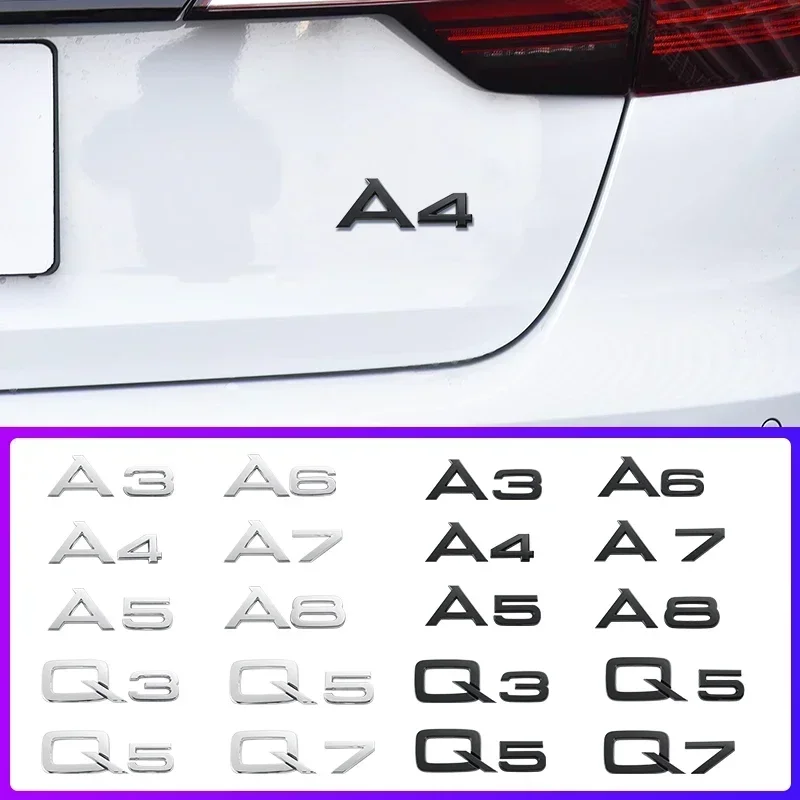 3D Letters Numbers Emblem for Audi A3 A4 A5 A6 A7 A8 Q2 Q3 Q5 Q7 Car Trunk Lid Nameplate Badge Logo Sticker Chrome Glossy Black