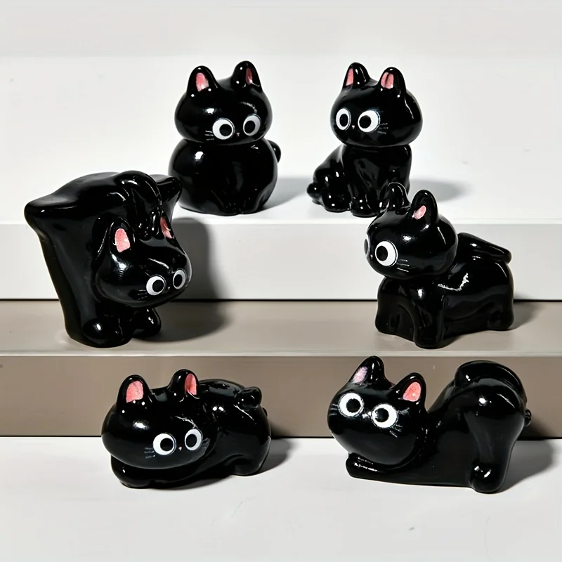 

6pcs Anime-Inspired Black Cat Statues Resin Figurines with Glossy Finish Cute Cartoonish Poses Detailed Craftsmanship