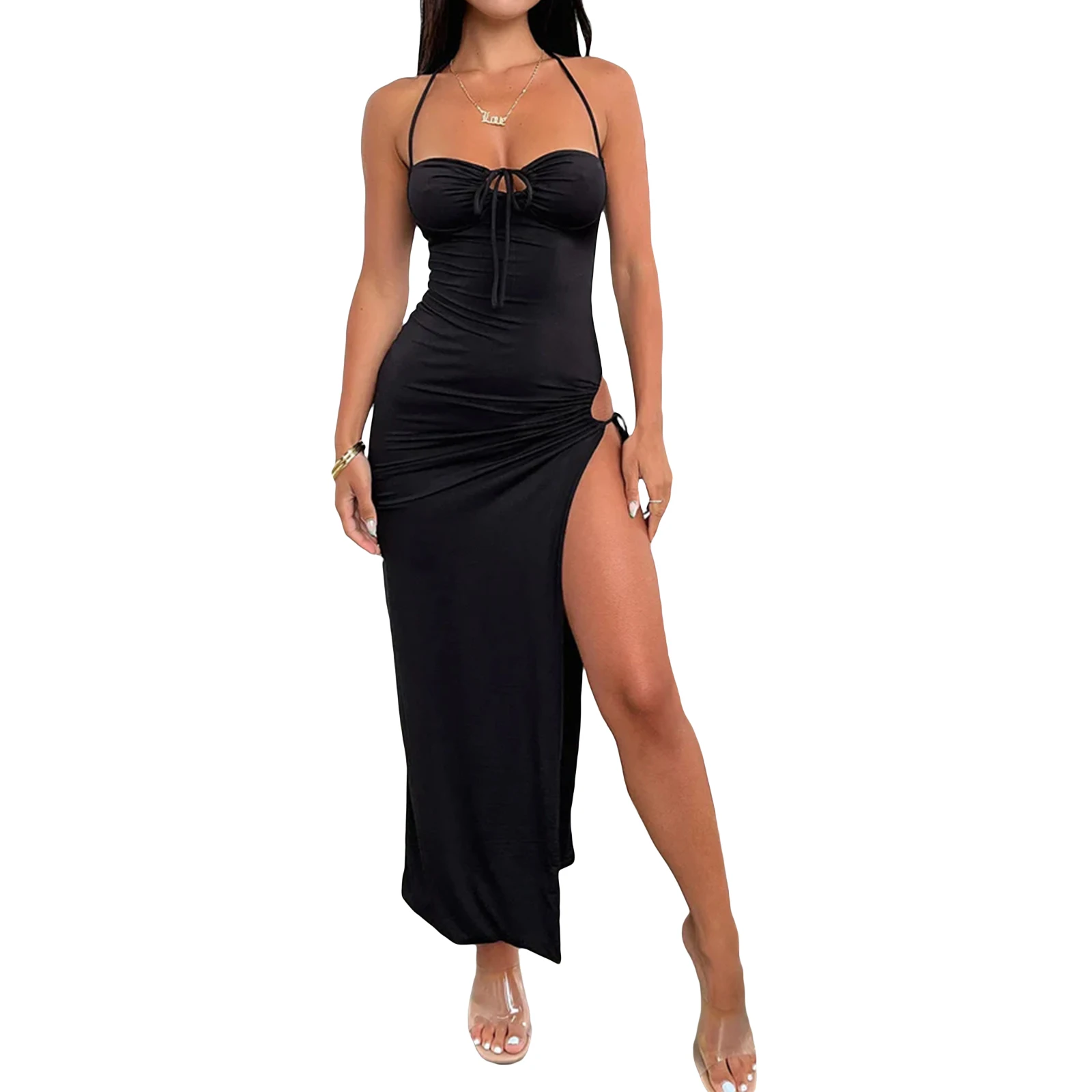 Women Spaghetti Strap Summer Dress Bodycon Backless Long Cami Dress Sexy Prom Sleeveless Lounge Slip Long Dresses