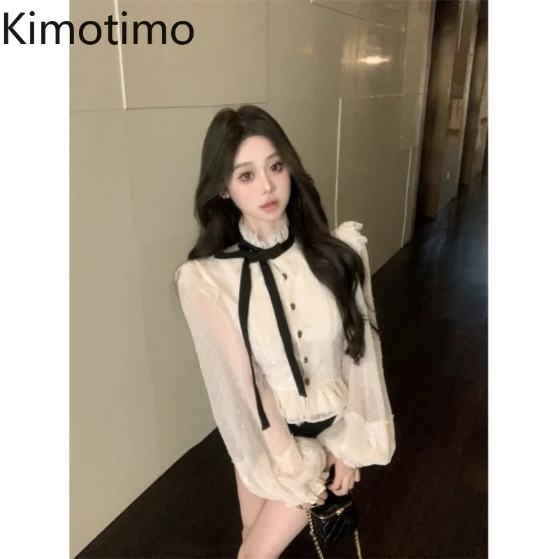 

Kimotimo Bow Bandage Lace Shirt Women Autumn Palace Style Slim Fit Ruffle Short Tops Temperament Long Sleeve Versatile Blouse