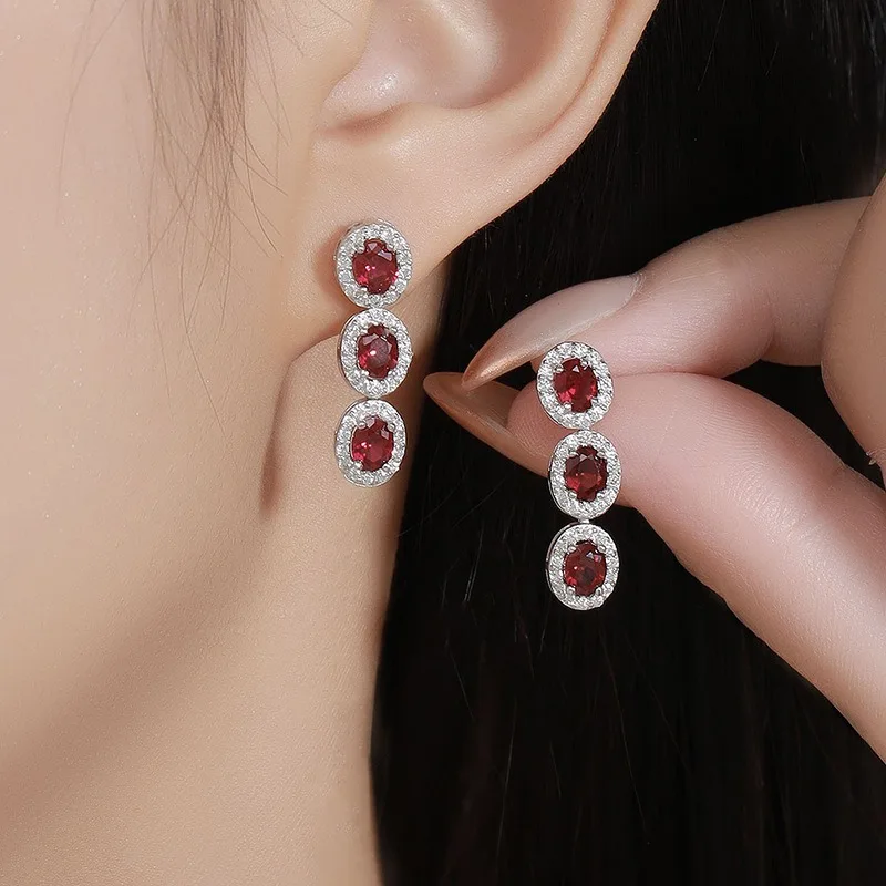 

925 Silver Oval RubyTassel Drop Earrings Women Fine Jewelry Plated Rhodium Synthesis Red Corundum Dangle Earrings Birthday