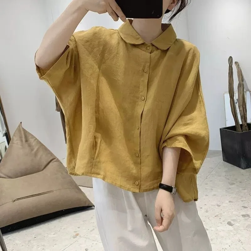 

Loose Cotton Linen Batwing Sve irt Baby Collar Seven Quarter Sve Anti-Aging ular Large Size Slimming Doll Collar
