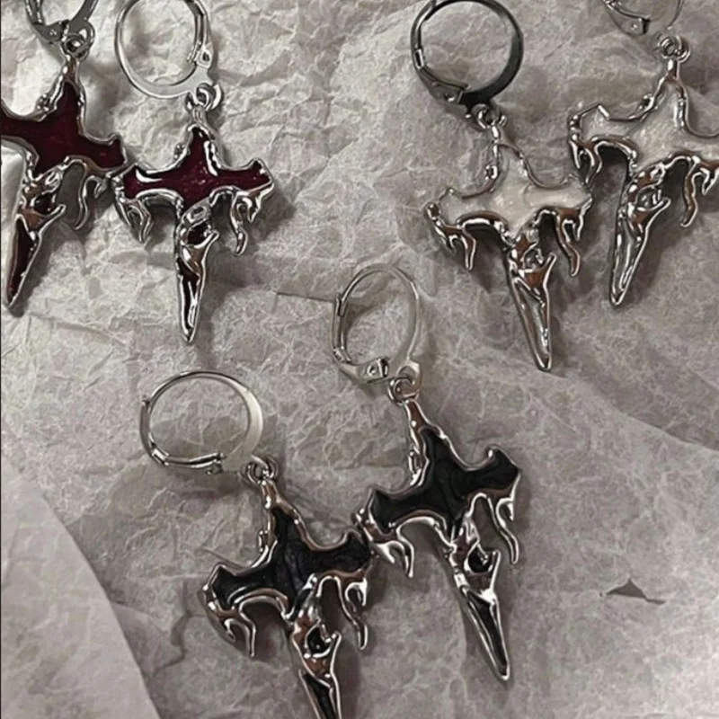 3 Pairs Of Gothic flame cross hanging ring earrings, imitation enamel pendant earrings, women's aesthetic jewelry