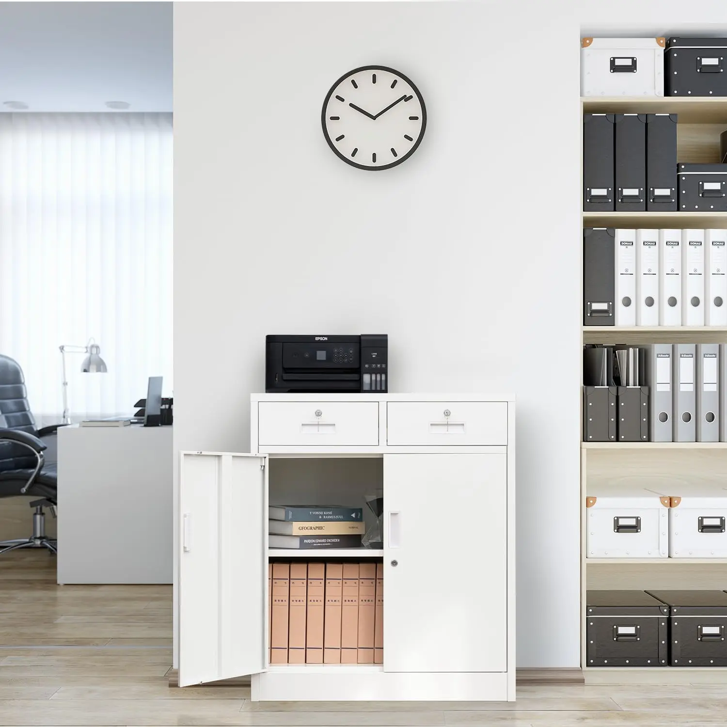 Metal Storage Cabinet, Office Storage Cabinet and 2 Drawer, 2-Tier Steel Cabinet for Home, Living Room, Gym, Apartment