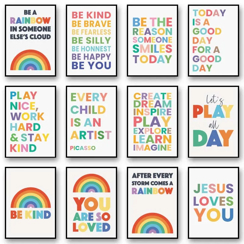 AZNM Colorful Rainbow Positive Quote Canvas Wall Art Cute Heart Typography Inspirational Poster Kids Playroom Nursery Unframed D