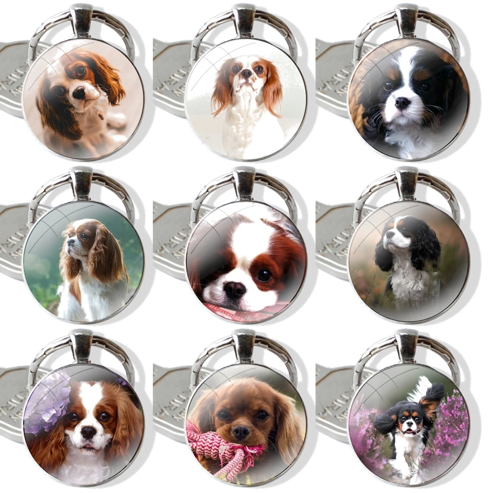 Keychain Handmade Glass Cabochon Key Ring Holder Pendant Key Chains Cavalier King Charles Spaniel