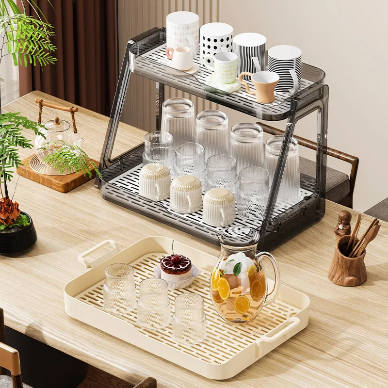 Two-Tier Desktop Cup Storage Rack Double Layer Draining Tray Household Holder for Water Cups Teacups Dining Table