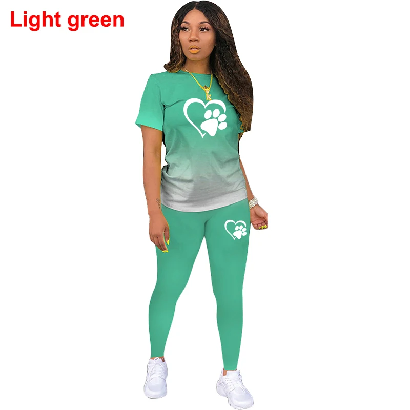 Trend Heart shaped Cat Paw Printed Women's Gradient Short sleeved Pants Casual Sports Two Piece Set 8 Colors