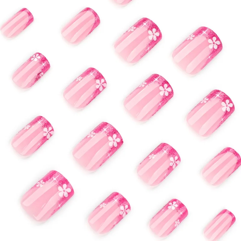 24 個フレンチスイートプレスオンネイルローズレッドグリッター安い付け爪ショートスクエア再利用可能な粘着付け爪卸売 2025