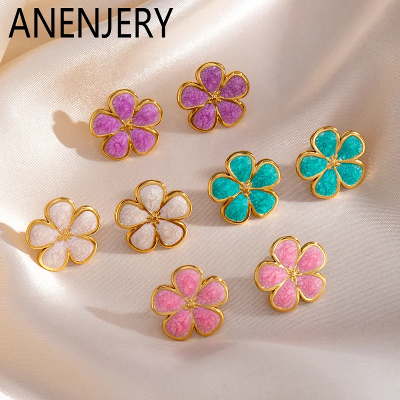 ANENJERY 316L Stainless Steel Enamel Flowers Stud Earrings For Women Luxury Niche Temperament Simple Jewelry Gift
