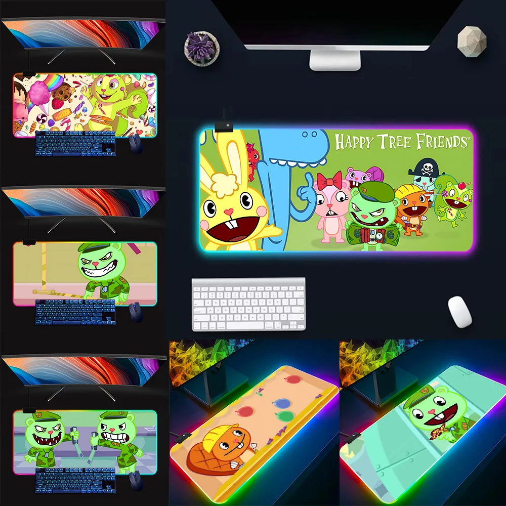 Happy Tree Friends RGB Pc Gamer Keyboard Mouse Pad Mousepad LED Glowing Mouse Mats Rubber Gaming Computer Mausepad