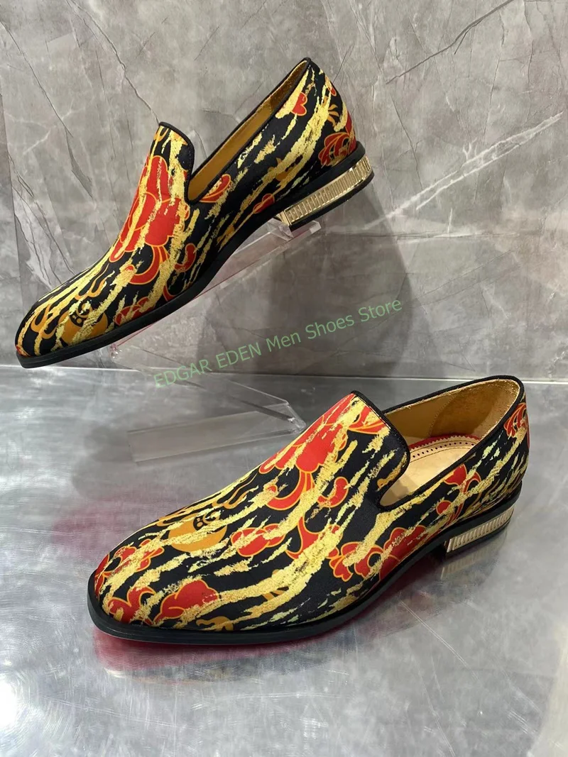 Colorful Print Men Single Loafer Shoes Comfortable Flat Heel Round Toe Male Orange Color Party Wedding Formal Casual Shoes