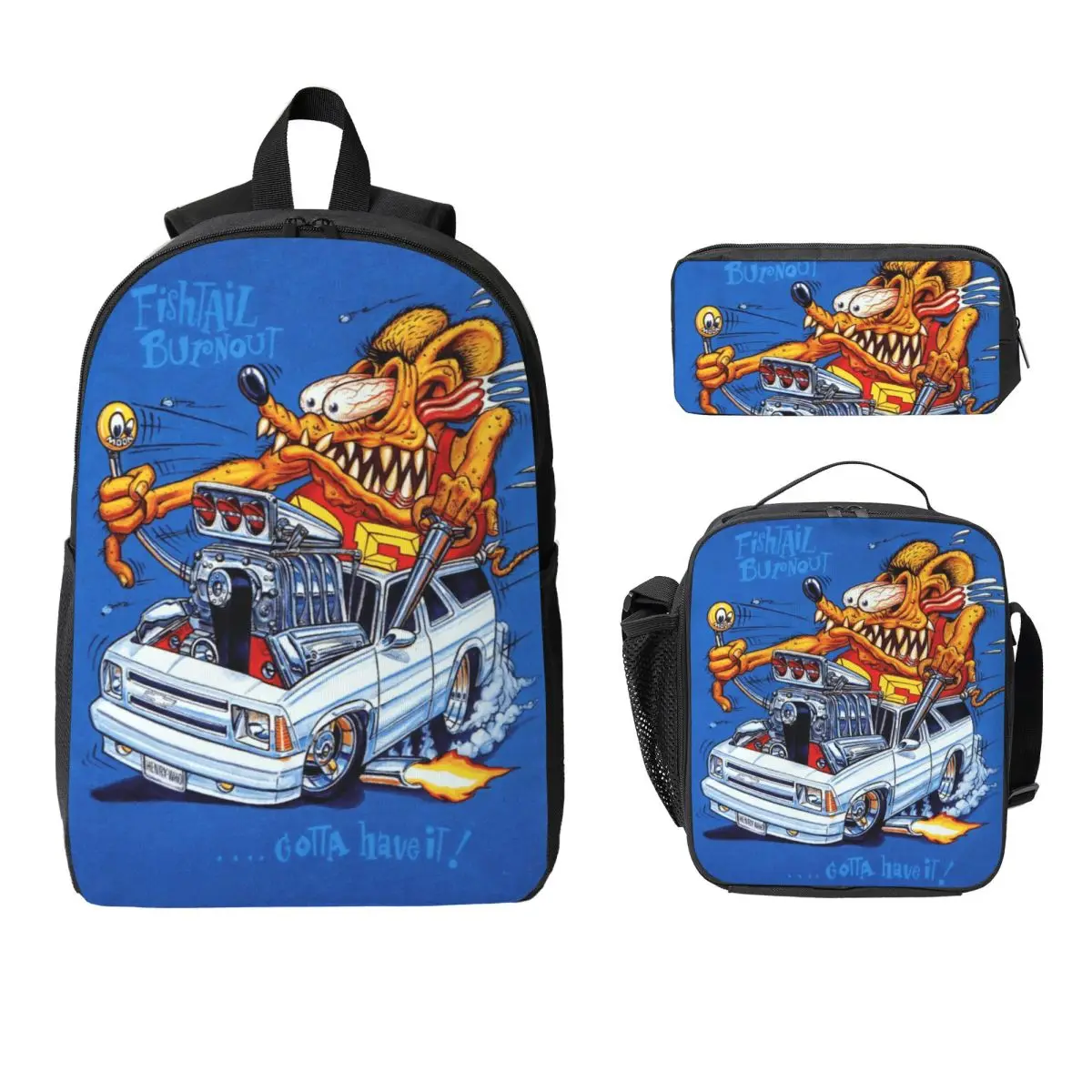 3Pcs Rat Fink merch Backpack Set for Children Pencil Boxes Bookbag Sets with Lunch Box For School Students Knapsack