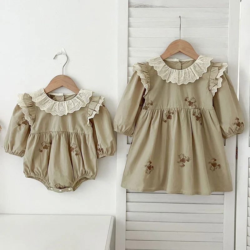 2024 New Autumn Children Clothes 2-6Yrs Girl Party Dress Long Sleeved Cotton Embroidery Kids Princess Dresses Baby Girl Romper