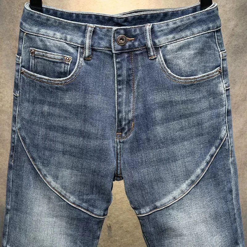 Street Fashion Men Jeans Retro Blue Elastic Skinny Fit Spliced Biker Jeans Homme Zipper Designer Hip Hop Denim Pencil Pants Men