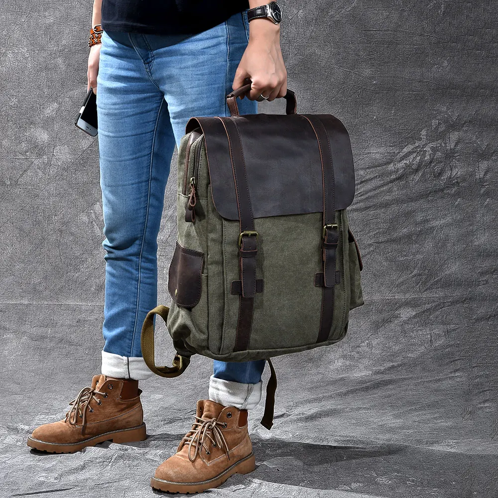 Vintage Military Canvas Backpack for Men Women Crazy Horse Leather Rucksack Large School Backpack Man Shoulder Bag Satchel