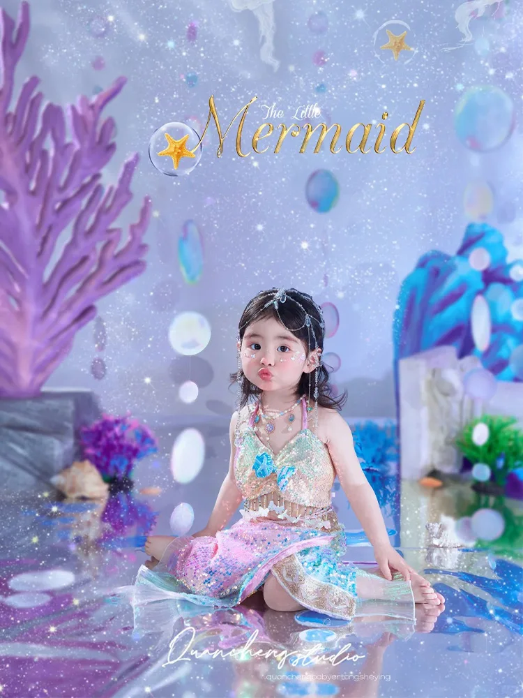 Magical Mermaid Seabed Theme Kids Photography Outfit Sparkling Mermaid Princess Costume Sequined Fishtail Skirt for Studio Photo