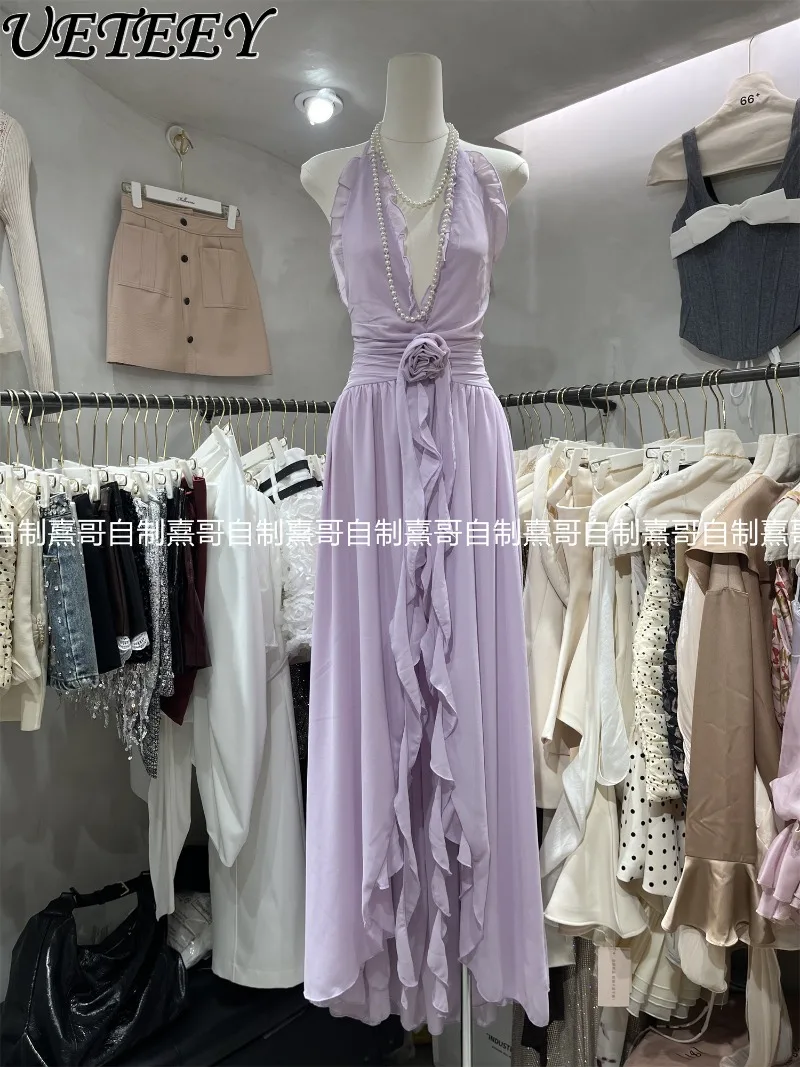 

Purple Seaside Vacation Travel Rose Lotus Leaf Edge Dress Summer V-neck High Waist Versatile Split Long Dresses for Women