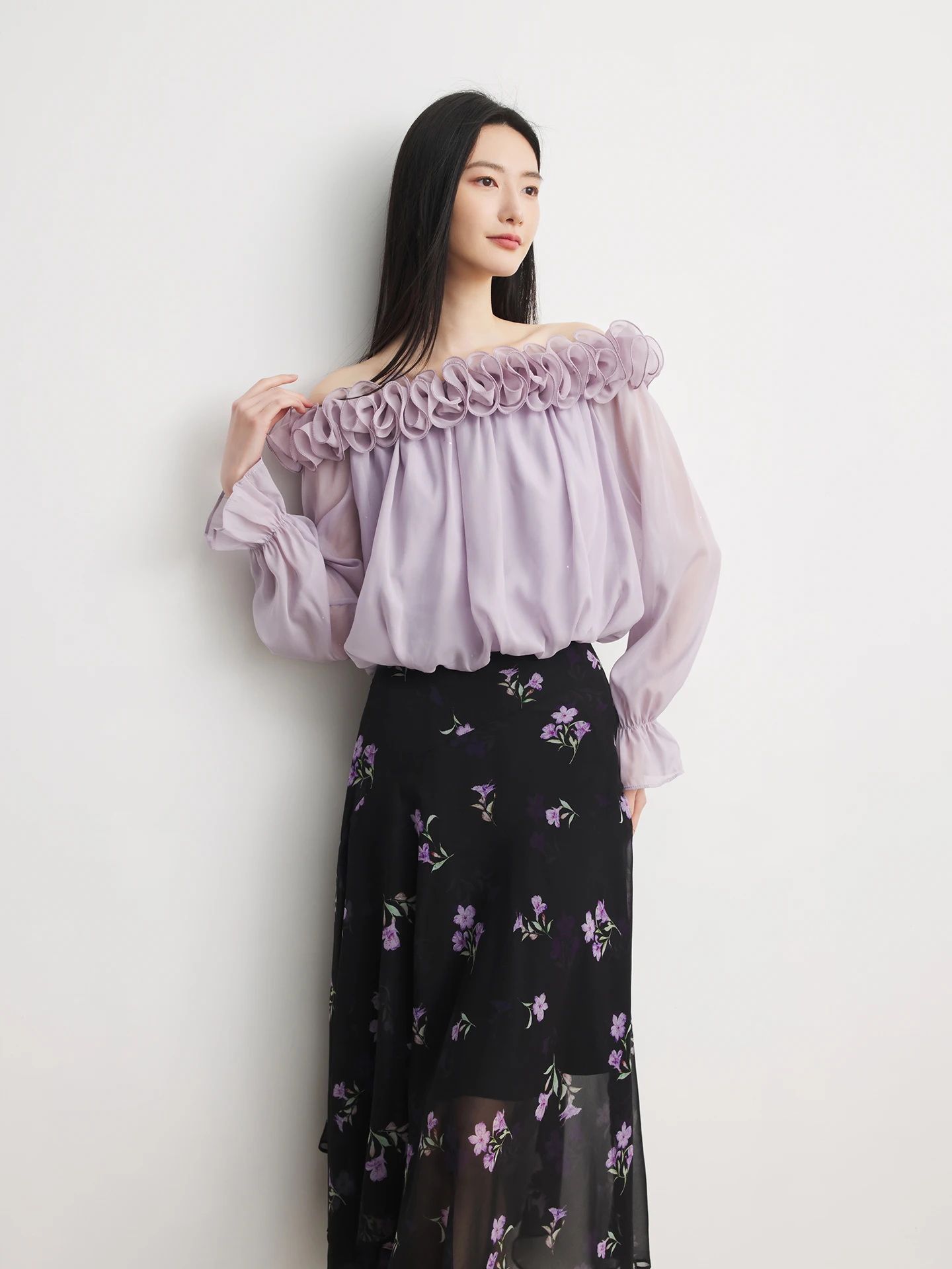 

Женская рубашка Annata с длинным рукавом и одним открытым плечом, с цветочным принтом, весенний дизайн, фиолетовая, прямого кроя, из полиэстера, повседневная