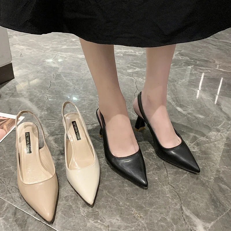 Summer Fashion New Pointed Toe Stiletto Heel Shallow Mouth Breathable PU Comfortable and Elegant Women\'s Shoes Sexy Sandals