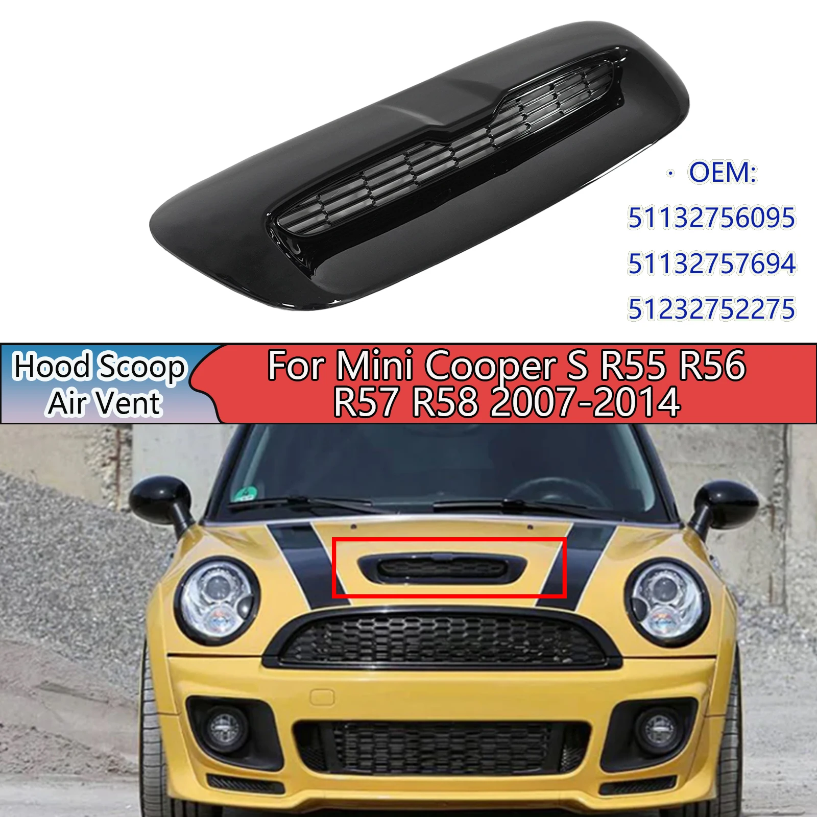

Воздухозаборник на капот для Mini Cooper S R55 R56 R57 R58 2007-2014, карбон, окрашенный, 51232752275, замена, глянцевый черный