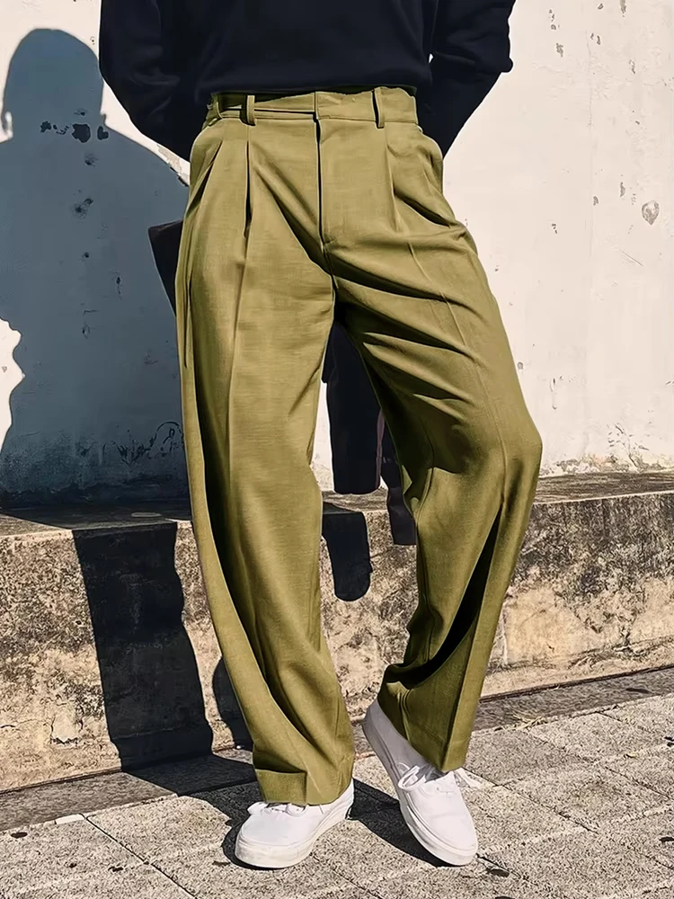 Streetwear Fashion Mens Suit Pants 2025 Spring Summer Casual Loose Straight Trousers Men Vintage Solid Belt-up High Waist Pants