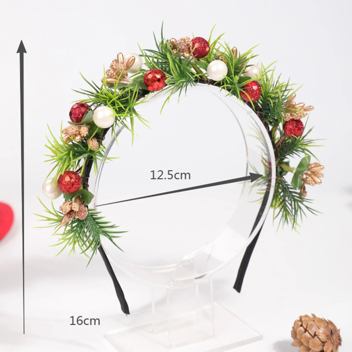 عصابة رأس لؤلؤية من فرع الصنوبر لعيد الميلاد، عصابة رأس مزخرفة رائعة للحفلات الاحتفالية، أغطية رأس لعيد الميلاد باللونين الأحمر والأخضر على طراز الغابة #6