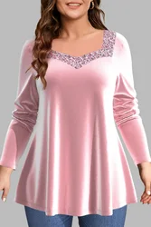 Blusa de manga larga con cuello cuadrado y lentejuelas de terciopelo rosa para mujer, Tops de talla grande, ropa de fiesta elegante para primavera y otoño