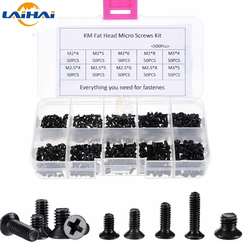 250 pces/500 pces m2 m2.5 m3 km parafuso cabeça plana phillips portátil notebook parafusos conjunto kit para computador pequeno parafuso