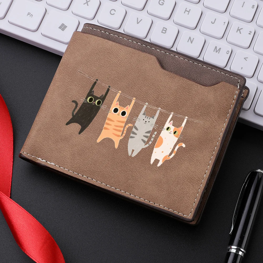 Men's Compact Wallet Fashionable Cartoon Cat Design Portable And Simple High-Quality Leather Wallet