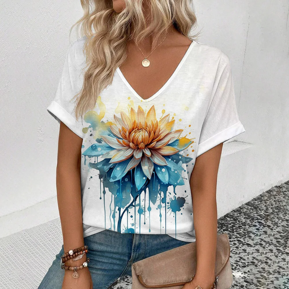 Plant Flower Print T-shirt Daily Loose Comfortable Top Personality Street Fashion Wear With The New Summer Women\'s V-neck Tees