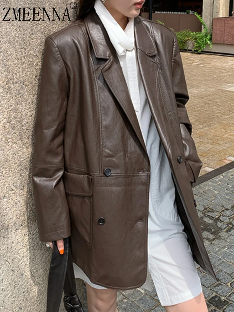 

ZMEENNA Women's Vintage Faux Leather Blazer Jacket Brown Lapel Collar Outerwear Button Down Oversized Coat For Fall ZM3759