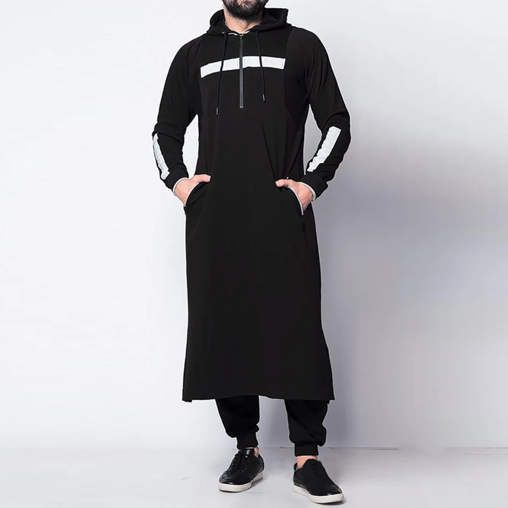 Top da uomo Musulmano Medio Oriente Abbigliamento arabo islamico Sciolto a righe Manica lunga Tasche con coulisse Abito con cappuccio a figura intera