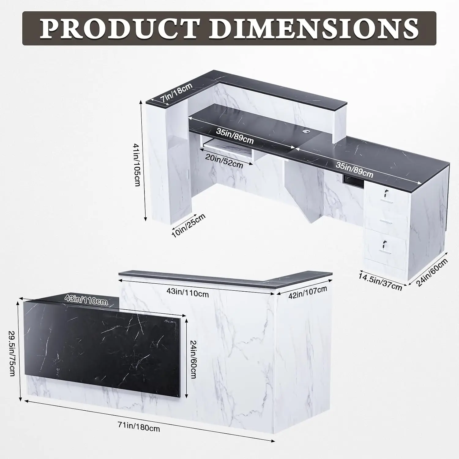 L Shaped Reception Desk Counter Commercial Modern Front Desk Reception Room Table Drawers Storage Keyboard Tray Checkout Lobby S