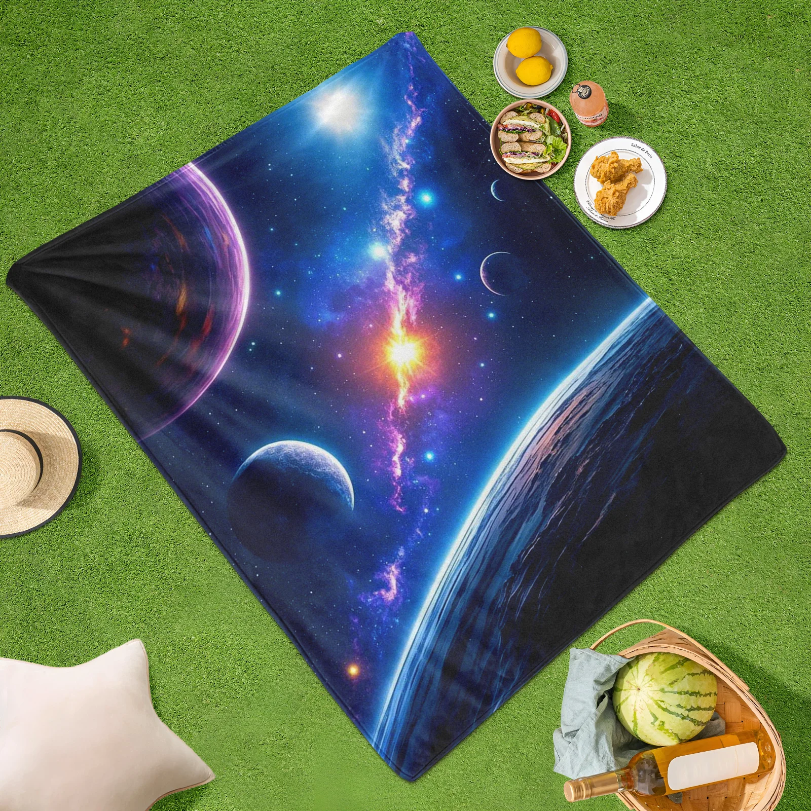 Planet And Galaxy Blue Purple Sci Fi Starry Sky Themed Outdoor Blanket For Nighttime Stargazing And Cosmic Exploration Adventure