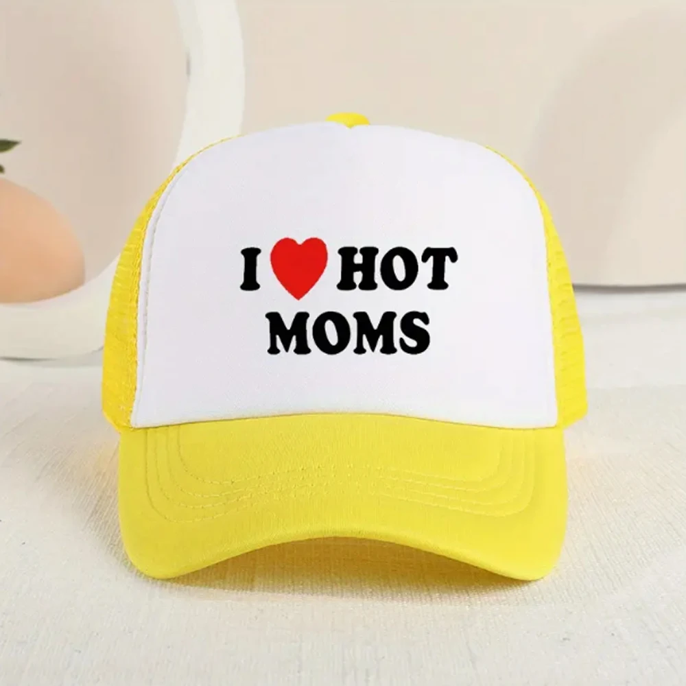 I Love Hot Moms Baseball Cap Printed Mesh Trucker Hat Breathable Adjustable Sunscreen Dad Hats For Women & Men