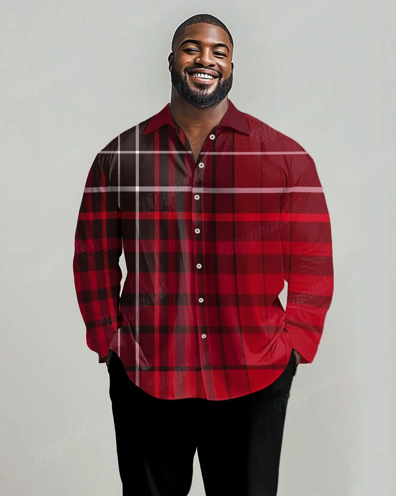 Men's Plus Size Long Sleeve Button-Up Shirt, Large Plaid Patterns in Blue or Red on Dark Backgrounds for Casual Streetwear