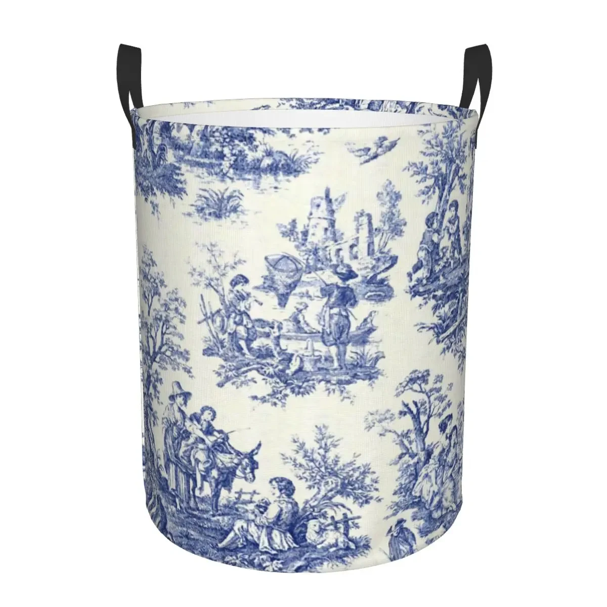 

Classic French Navy Blue Toile De Jouy Motif Pattern Laundry Basket Collapsible Clothes Toy Hamper Storage Bin for Kids Nursery