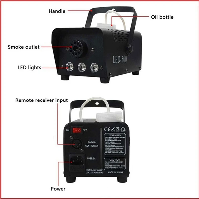 Fog Machine, 500W Halloween Portable Smoke Machine with Color LED Lights,Remote Control Suitable for Christmas EU Plug