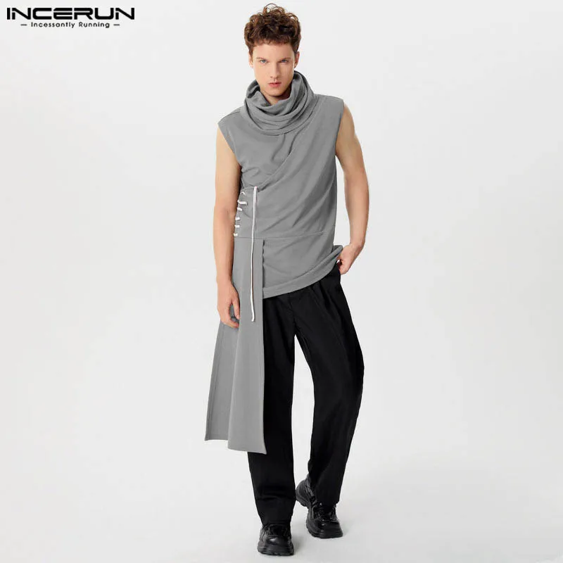 INCERUN top 2024 nuovi uomini collo alto Design irregolare gilet Casual ben aderente maschio Patchwork a righe senza maniche canotte S-5XL