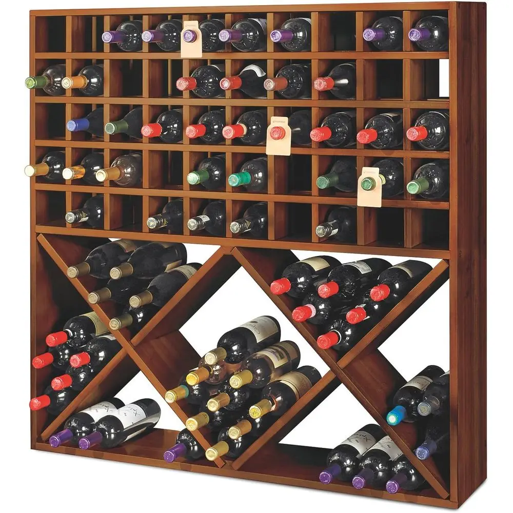 

Jumbo Bin Grid 100 Bottle Wine Rack – Wall Mount and reestanding Bottle Organizer, Made with Walnut Wood (42 x 42 x 9 in)