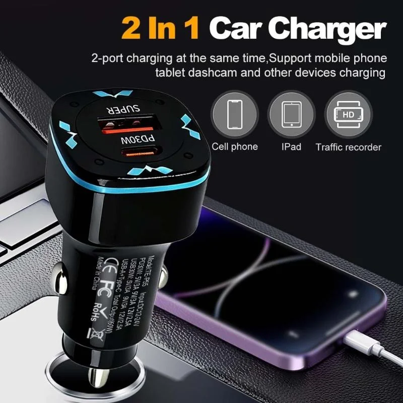 Car Charger 60W USB C Fast Charger PD30W QC3.0 Adapter Dual Port Quick Charge Cigarette Lighter Kit For Mobile Phones Tablets