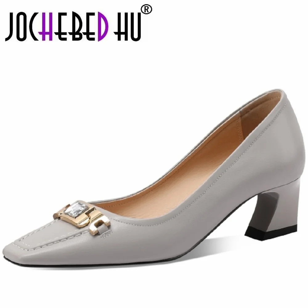 【JOCHEBED HU】Women Fashion Shoes Genuine Leather Thick Heels Metal Decoration Pumps Elegant High Heel Ladies Footwear 33-43