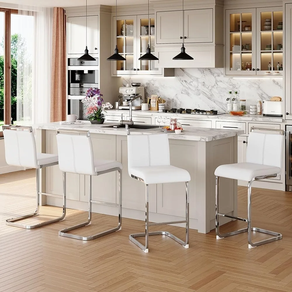 

For Counter Height Bar Stools Set of 4,25" PU Leather Bar Stools with Back,Counter High Chairs with Painted Metal Legs