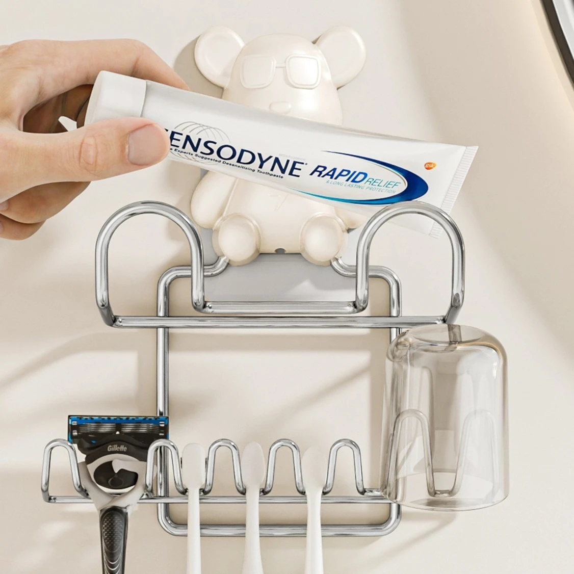 No-Drill Toothbrush Holder Stainless Steel Wall-Mounted Toothpaste Rack Rinse Cup Storage Bear Toothbrush Stand