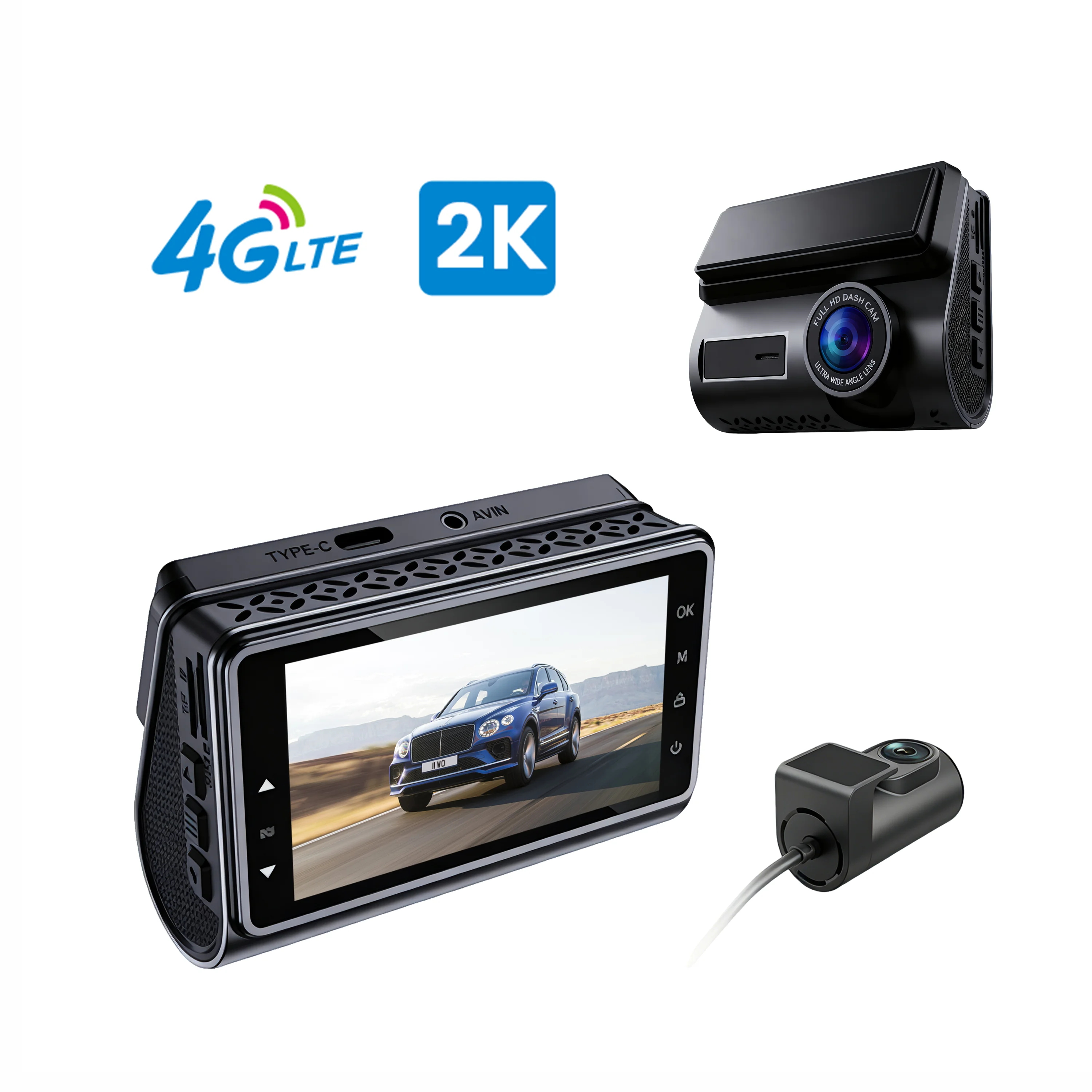 

3-Inch 4G LTE car hard disk recorder, black box 2K + 1080P front/rear dual-lens IPS driving recorder, with 1-year warranty