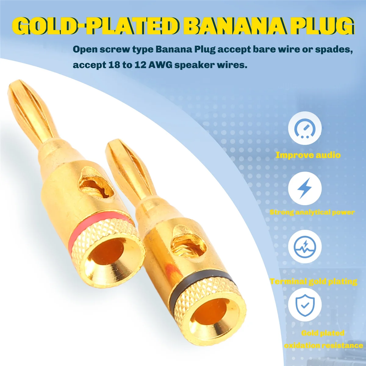 A16Z Gold-Plated Banana Plug or Connector (Open Screw Type) (6 Pairs (12 Plugs)) Audio Plug Speaker Wire Connector