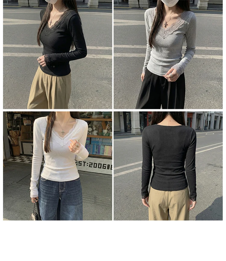 2026 Herbst Winter Damen T-Shirt V-Ausschnitt Spitzen-Top Weich Hautfreundlich Fleece-Gefüttert Langarm Thermo-T-Shirt für Layering – Detail 2